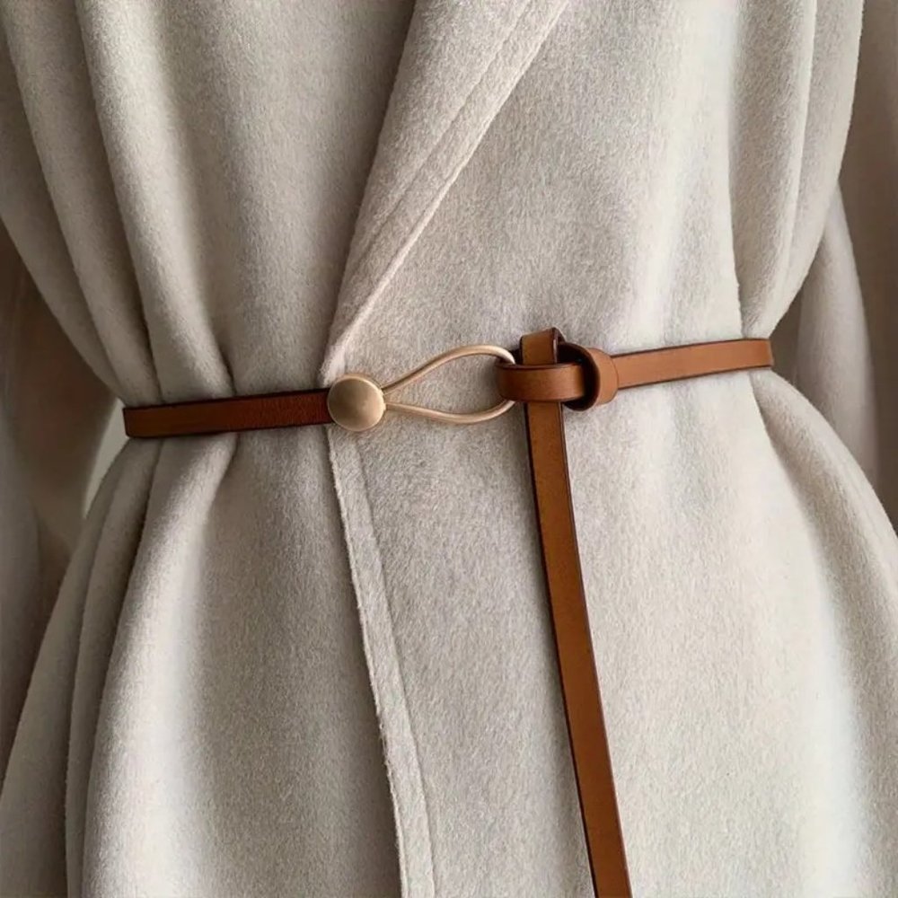 Belt No hole Knotted Adjustable Trendy Brown Button Loop Hole-Less Pu Leather - Picture 1 of 5